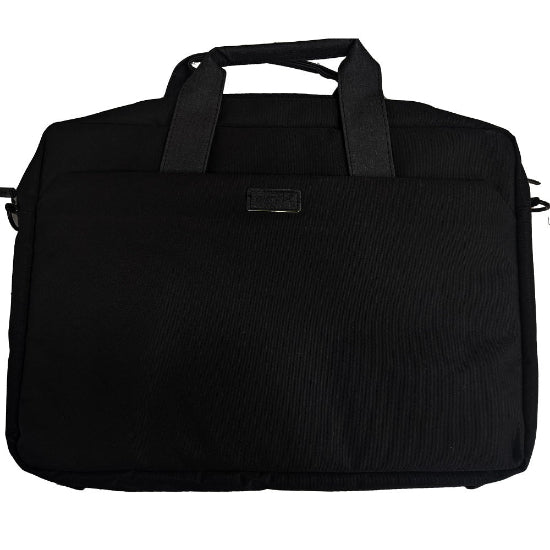 Black business laptop bag with handles and a zipper closure.
