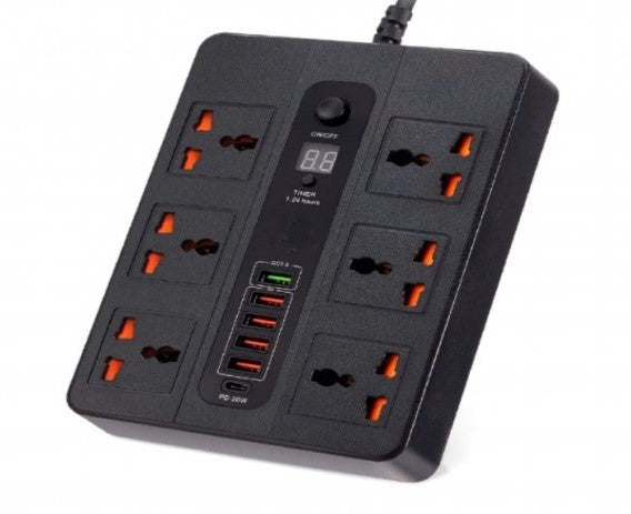 BKL-11/URBANTIN 3000W 6 Universal AC jack Power Strip, 38W, 5 HIGH SPEED USB PORTS, Surge 2M Power Bank / Black