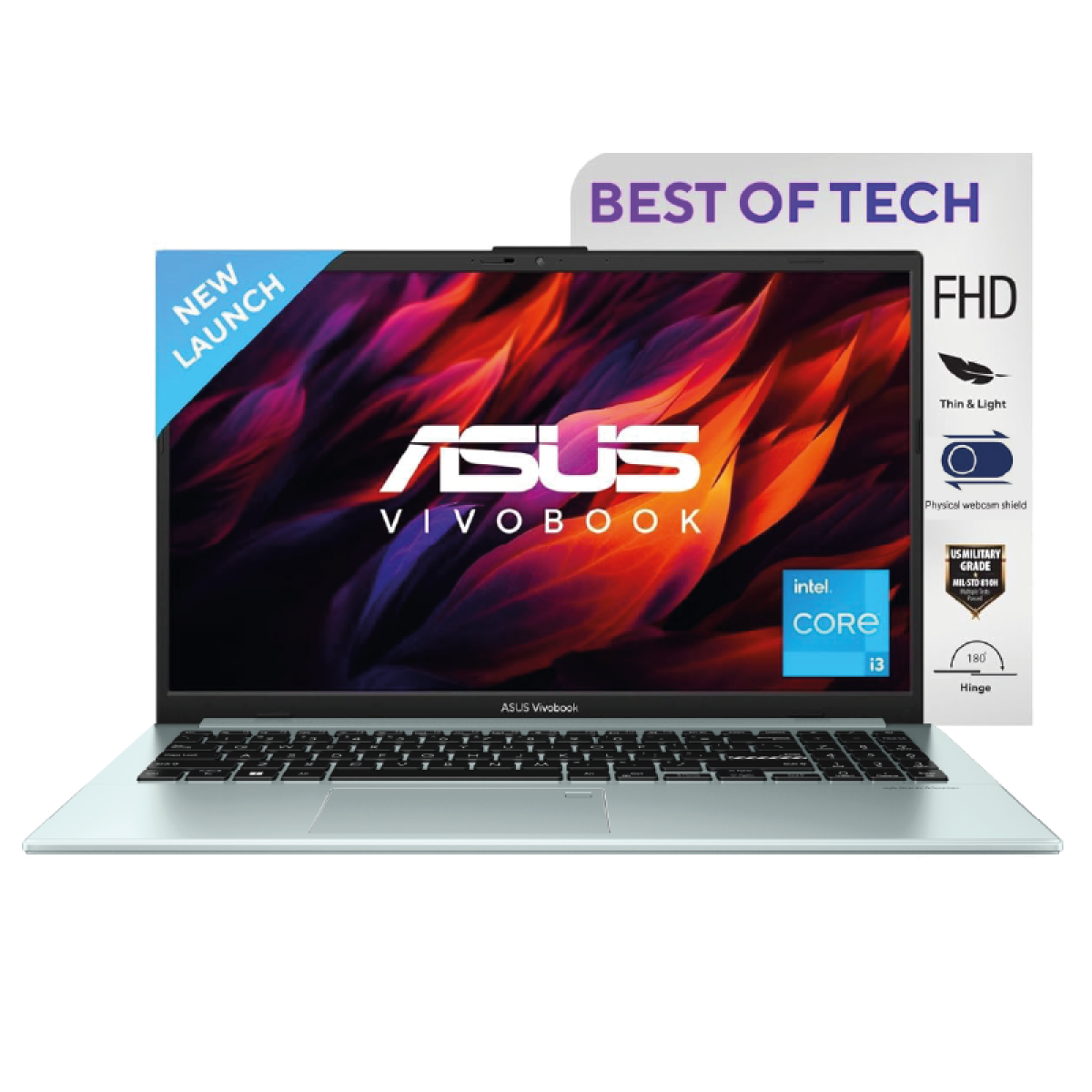 جهاز Asus VivoBook Go 15 بمعالج Core i3، ذاكرة 8 جيجابايت DDR4 وسعة تخزين SSD 512 جيجابايت، شاشة 15.6 بوصة، نظام تشغيل ويندوز 11