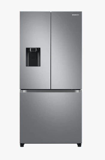 Stainless steel refrigerator with water and ice dispenser on a white background