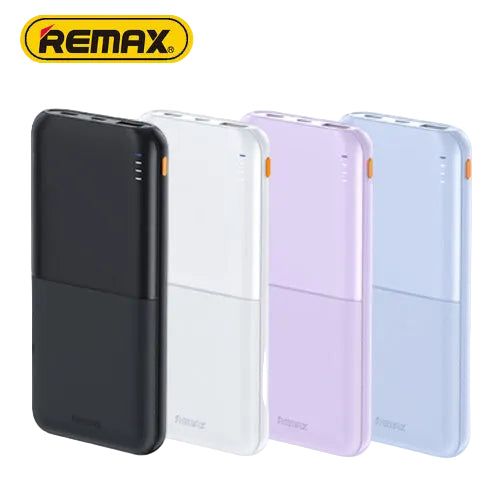 Four Remax power banks in black, white, purple, and blue on a white background