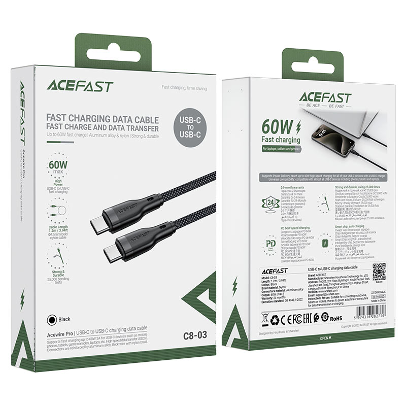 Ace Fast Charging Cable Type C, 60Watts, Black