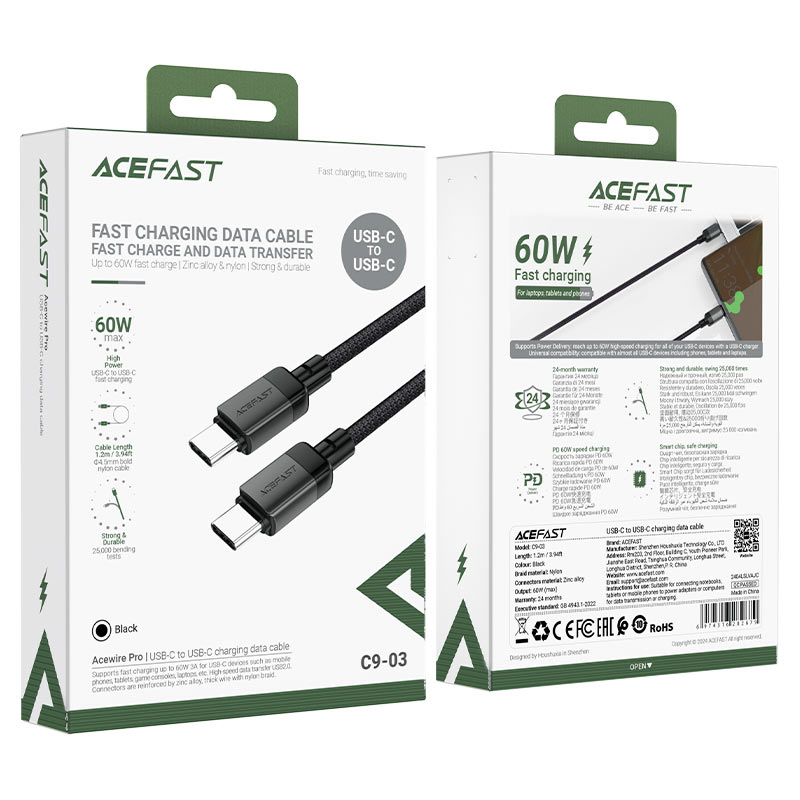 Ace Fast Charging Cable Type C, 60Watts, Black