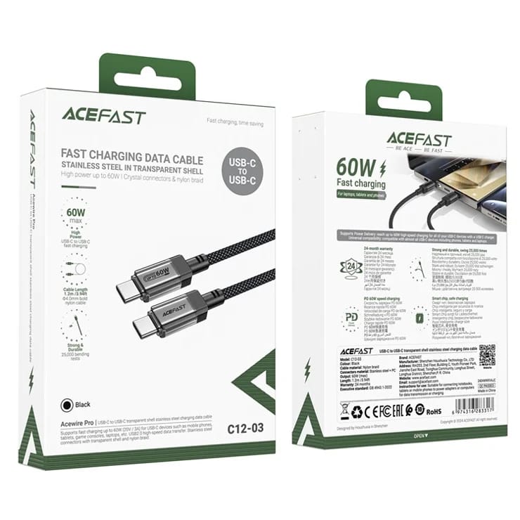 كابل شحن Ace Fast Type-C 3، بقوة 60 واط، باللون الأسود