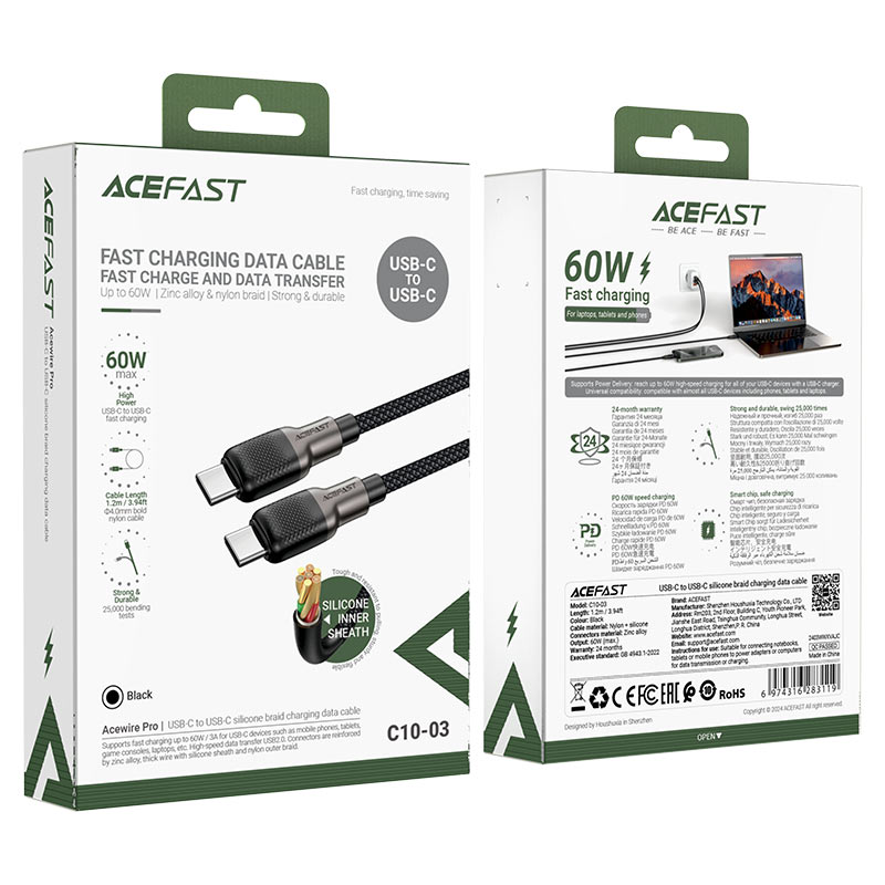 Ace Fast Cable Charging Type C, 60Watts, Black