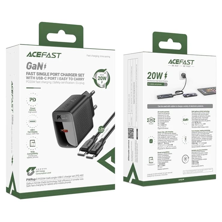 شاحن Adapter Ace Fast بقوة 20 واط، باللون الأسود