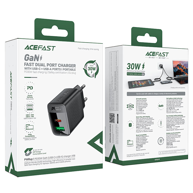 شاحن Adapter Ace Fast بمنفذين، بقوة 30 واط، باللون الأسود