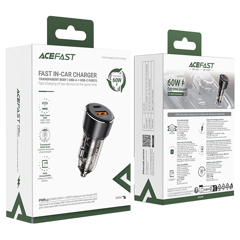 Ace Fast Car Charger 2 Port, 60Watts, Black