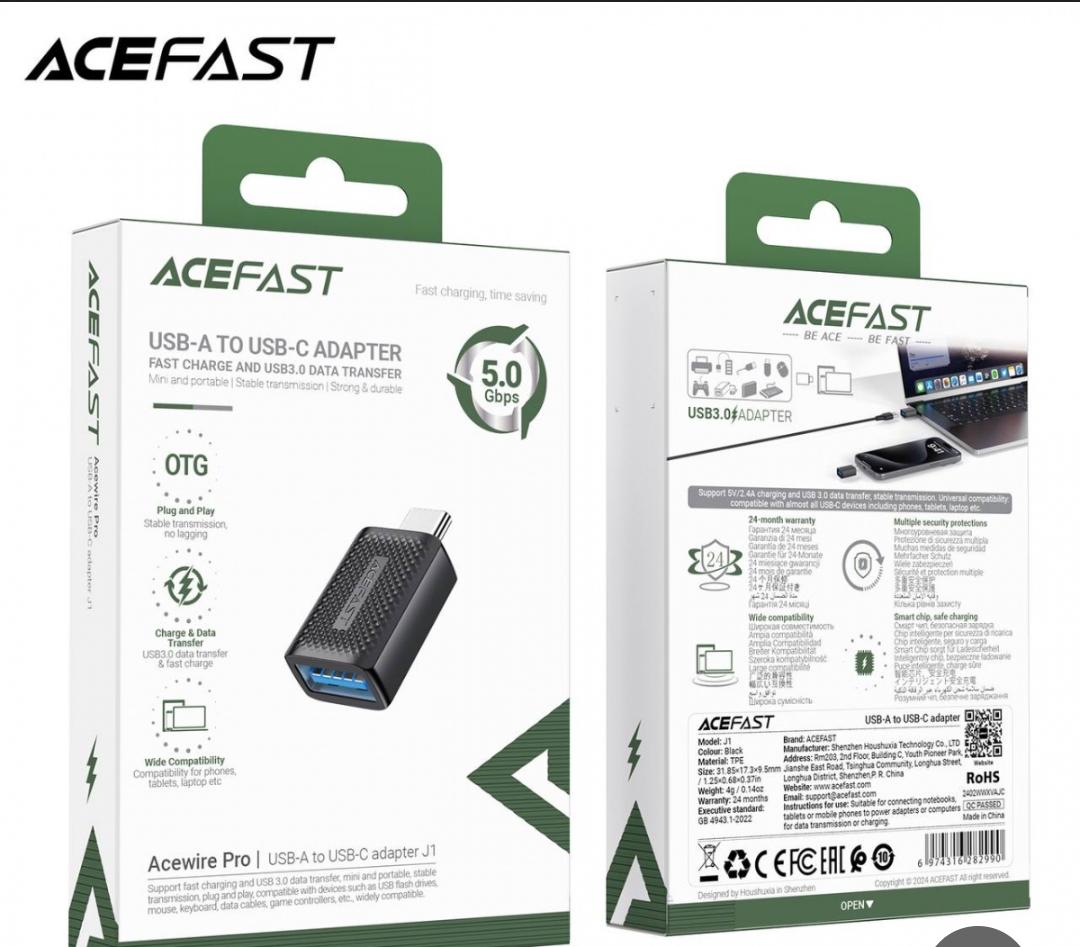 محول Ace Fast USB-A إلى USB-C، باللون الأسود