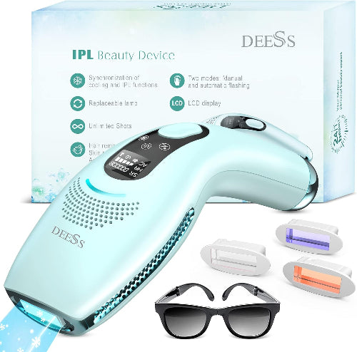 DEESS IPL beauty device with packaging, sunglasses, and additional components on a white background