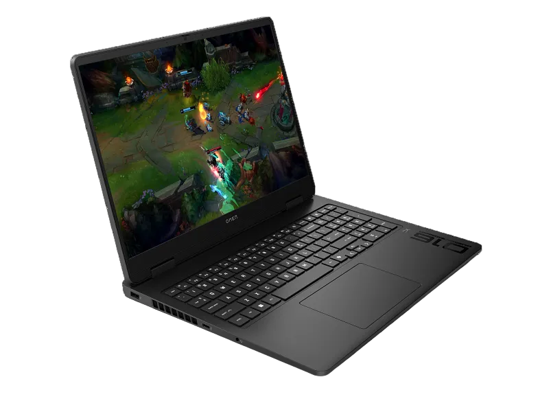 Black laptop with a game displayed on the screen on a white background