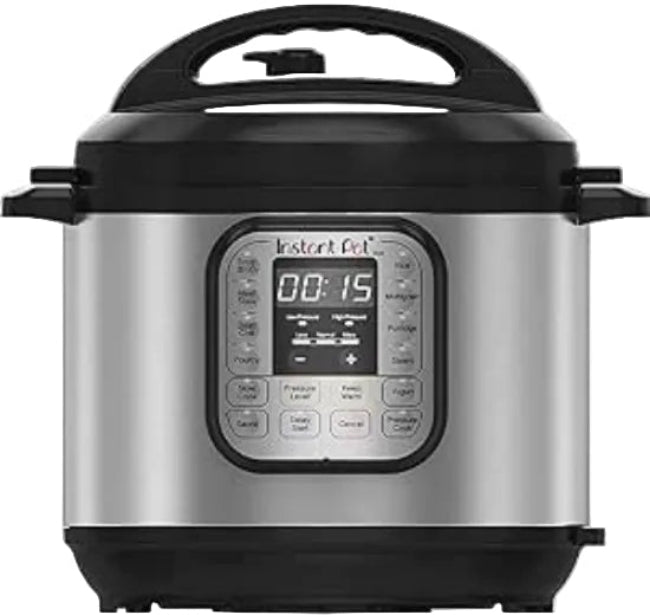 Instant Pot pressure cooker with digital display on a white background