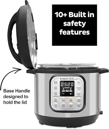 Instant Pot with open lid showing safety features and base handle design.