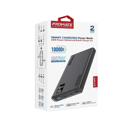 Promate Power Bank 20Watts, 10000Mah, Black