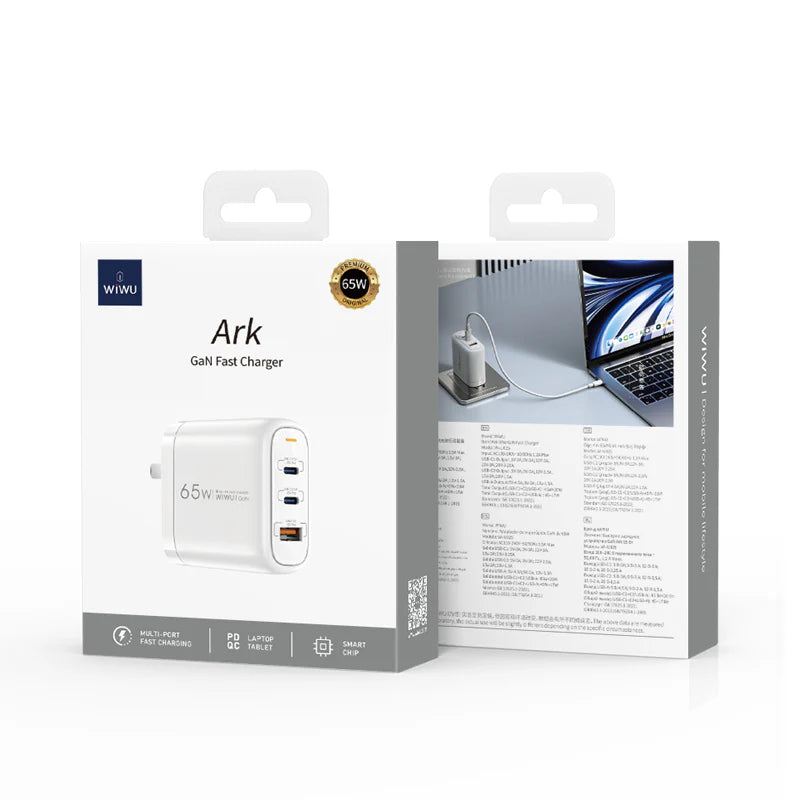 Wiwu Wall Charger GaN 65W Fast Charger, Multi Port Power, White