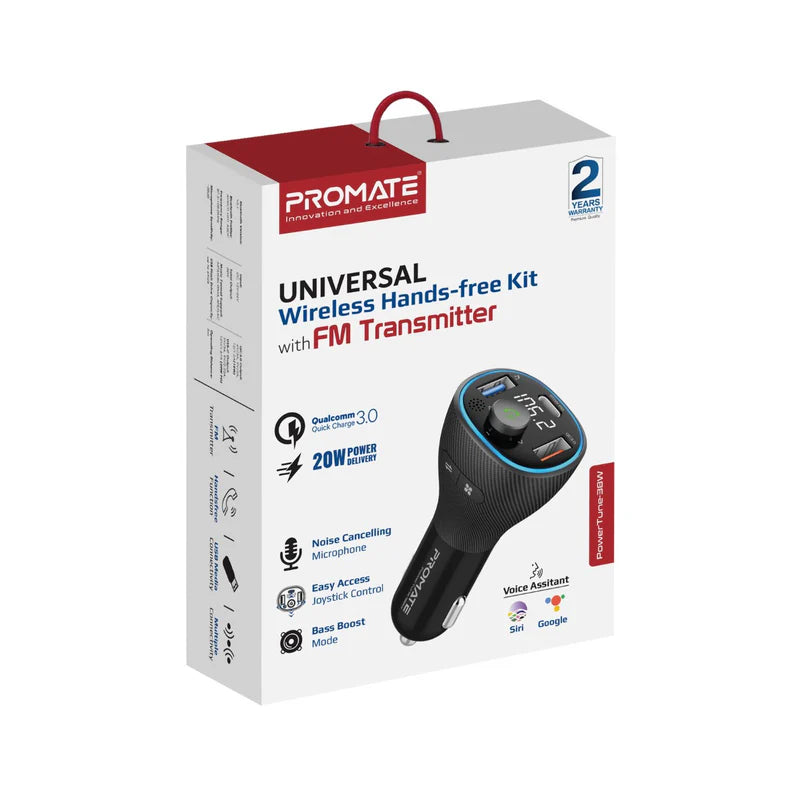 Promate Car Charger with Fm Transmitter, 38Watts, Black