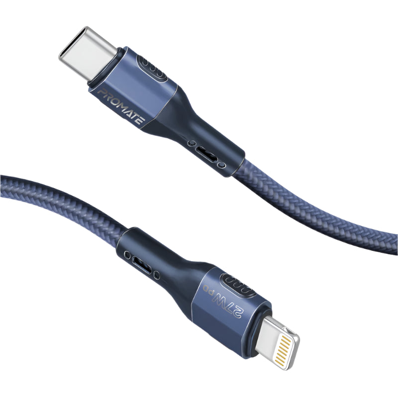 Promate Fast Charger Cable, Type-C to Lightning, 1.2MM, 27Watts, Blue Promate Fast Charger Cable, Type-C to Lightning, 1.2MM, 27Watts, Blue