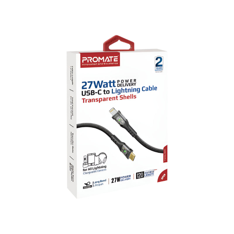 Promate Fast Charger Cable Transparent Shells, Type-C to Lightning, 1.2MM, 27Watts, Black Promate Fast Charger Cable Transparent Shells, Type-C to Lightning, 1.2MM, 27Watts, Black