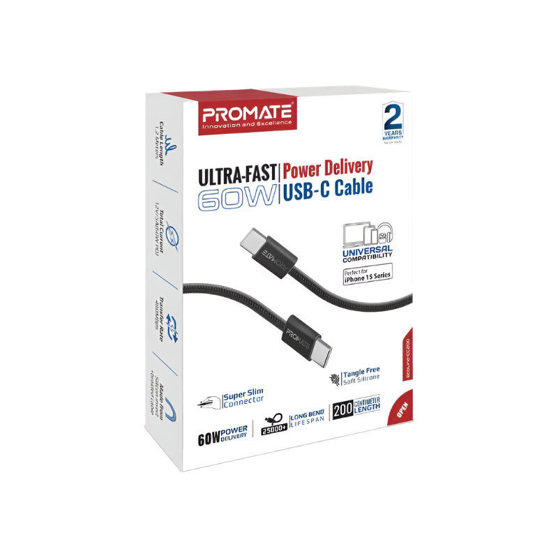 Promate Ultra Fast Charger Cable, Type-C to Type-C, 2Mm, 60Watts, Black Promate Ultra Fast Charger Cable, Type-C to Type-C, 2Mm, 60Watts, Black