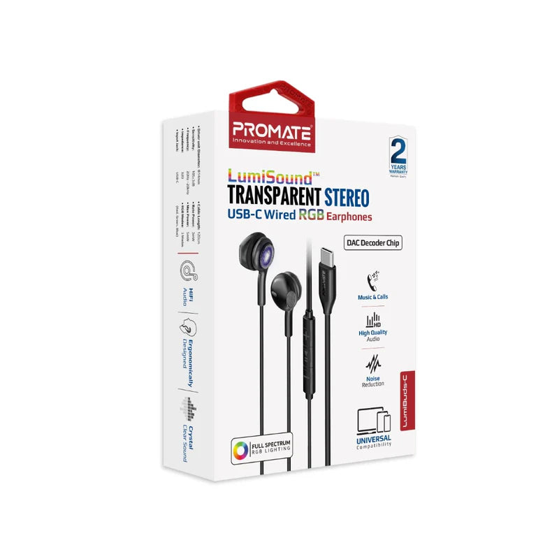 Promate Lumibuds-C Transparent Stereo Wired, Type-C, Earphones with Rgb, Black