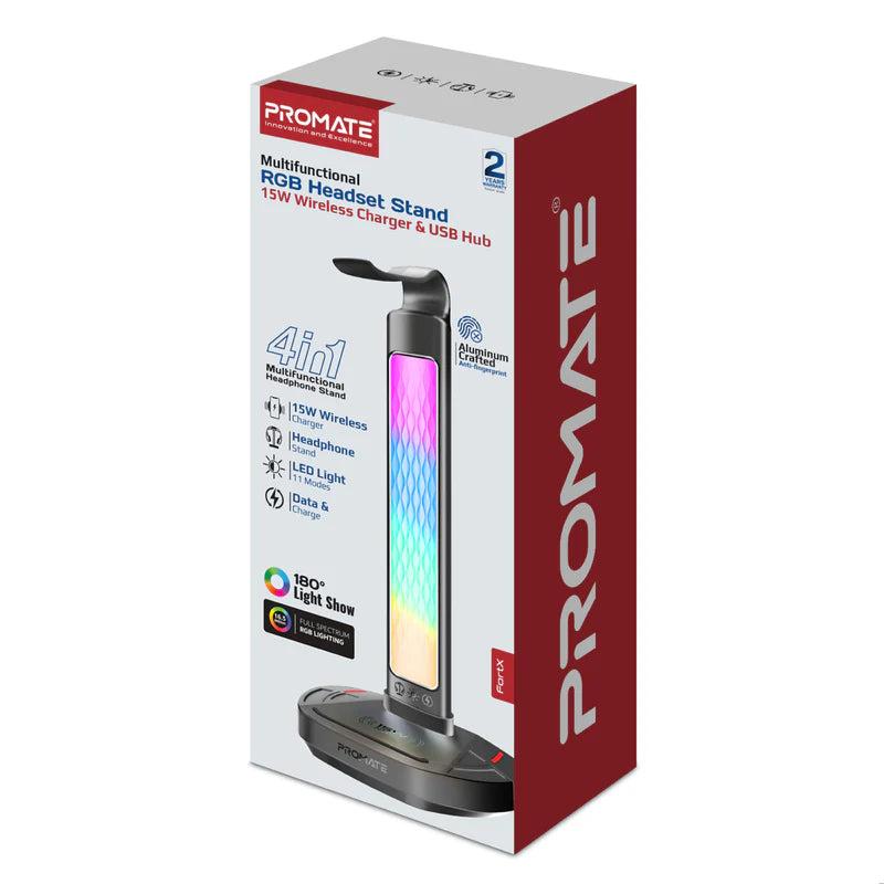 PROMATE FORTX MULTIFUNCTIONAL HEADSET STAND, 15W WIRELESS CHARGER RGB BLACK