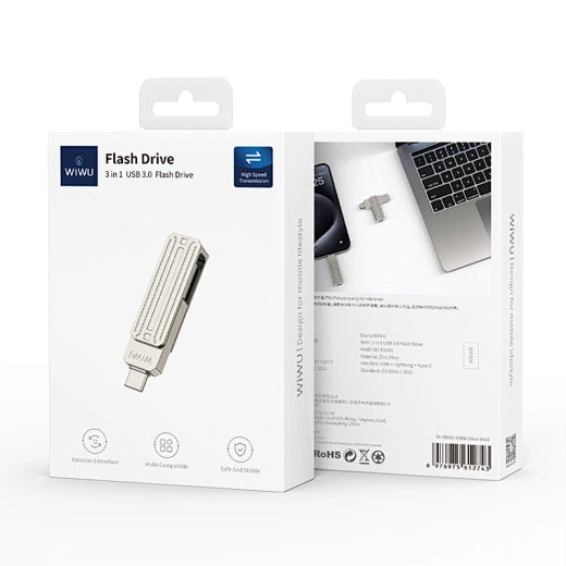 Wiwu Flash Drive for Mobile, 3 in 1, Portable USB & Lightning, 128GB, Silver