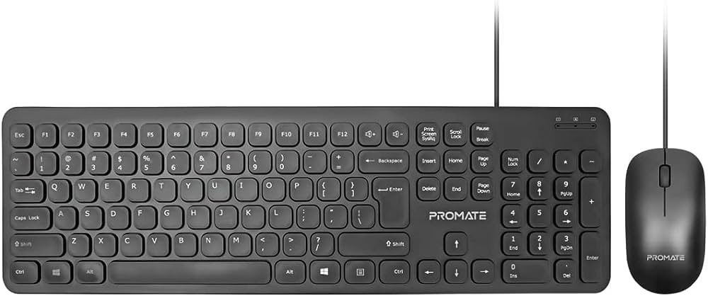 Combo-KM2/Promate COMBO-KM2 Wired Keyboard with 1200 DPI Mouse, 106-Keys Quiet Keyboard / Black / Wired