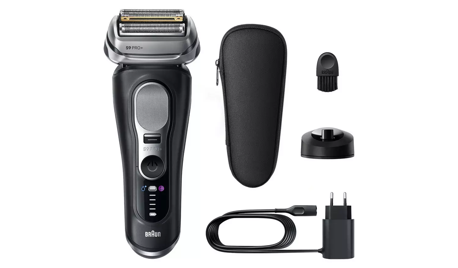 Braun electric shaver set with case, attachments, and charging cable on a white background