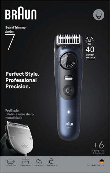 Braun beard trimmer with branding and product features on a black background
