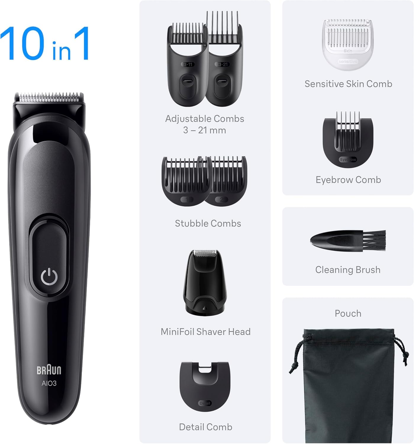 Braun hair trimmer with attachments on a white background