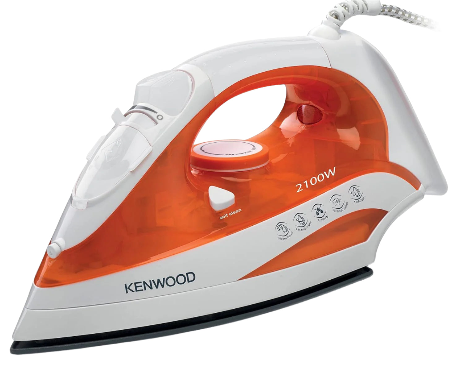 Kenwood steam iron with orange and white design on a white background