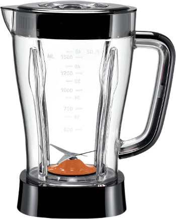 Clear blender pitcher with measurement markings on a white background