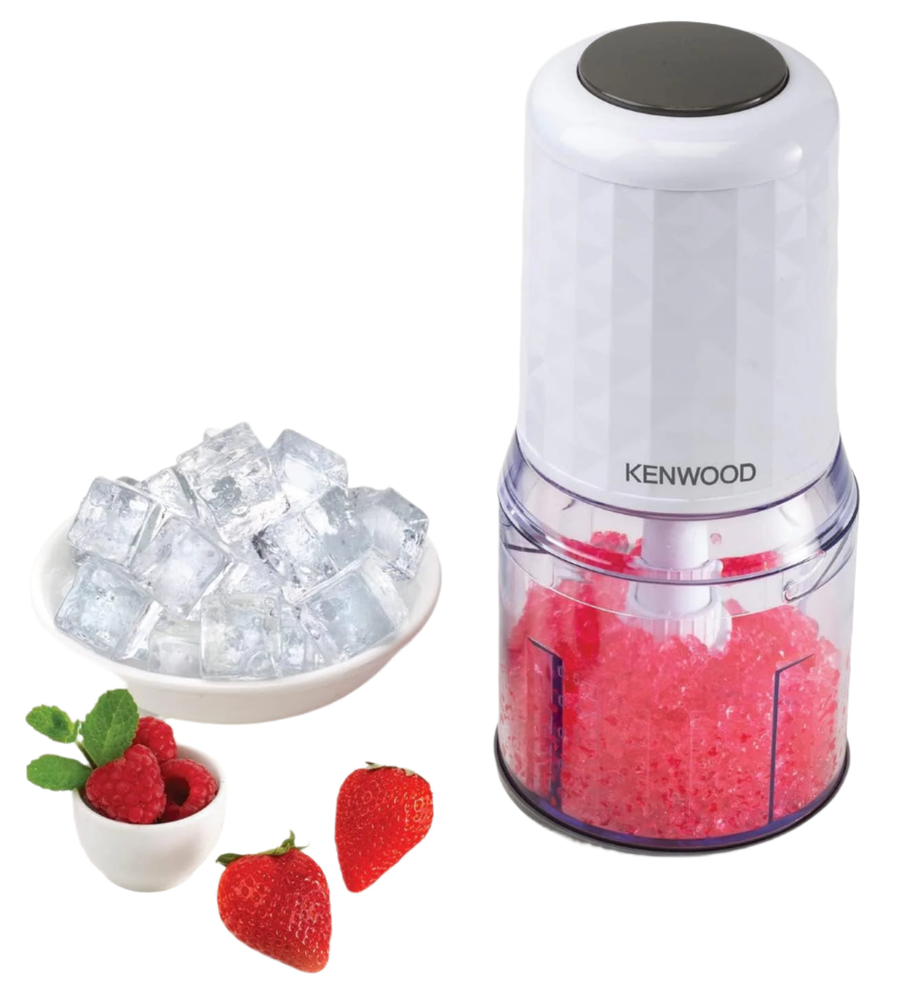 Kenwood ice and fruit grinder with ice cubes and strawberries on a white background