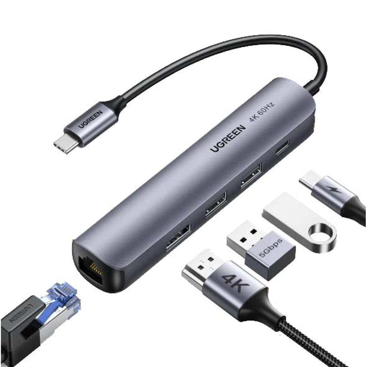 Ugreen Usb-C To 2*Usb 3.0+Hdmi 4K@60Hz + Rj45 Gigabit+Pd Multifunction Adapter