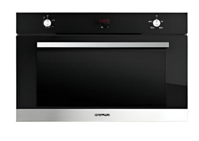 A built-in black oven with a digital display and control knobs on the front.