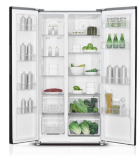 Open refrigerator with various food items on the shelves