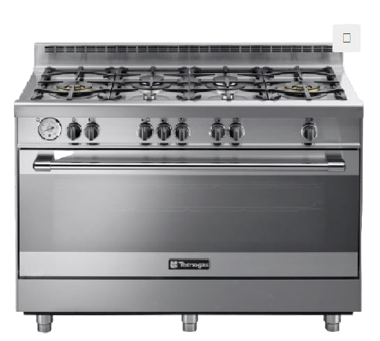 Stainless steel kitchen range with gas cooktop and oven on a white background