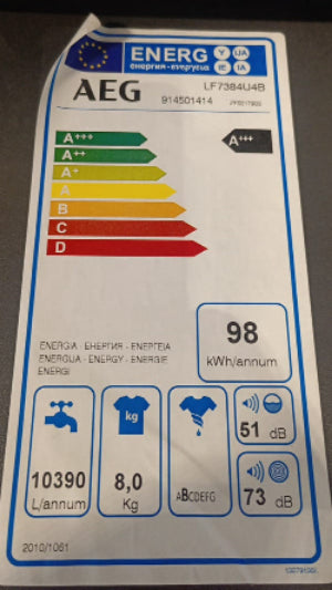 Energy label for AEG product with various ratings and icons on a white background