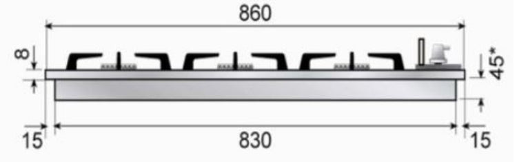 Measurement chart of a kitchen stove with dimensions labeled
