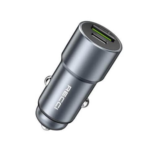 Recci Car Charger Support FCP Protocol, 22.5Watts, USB-A & USB-C, Grey