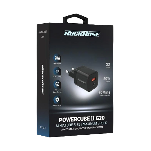 Rockrose Wall Charger Eclips GII, 20W PD & QC 3.0, 2Port, Black