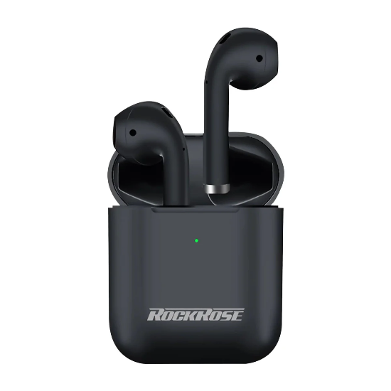 Black wireless earbuds in a charging case with 'RockRose' branding on a white background