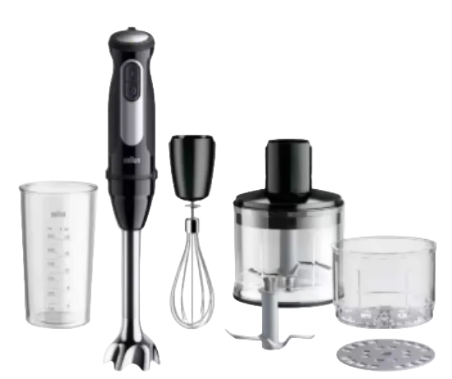 A black and silver immersion blender set with multiple accessories, including a clear measuring cup, whisk, food chopper bowl, container, and strainer, shown on a white background.