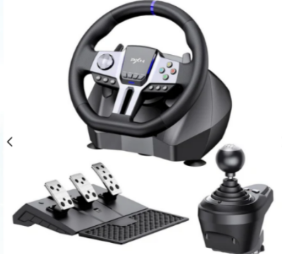 A black PXN Steering Wheel V9 Gen 2 with a racing pedal set and a gear shifter, designed for use with gaming consoles.