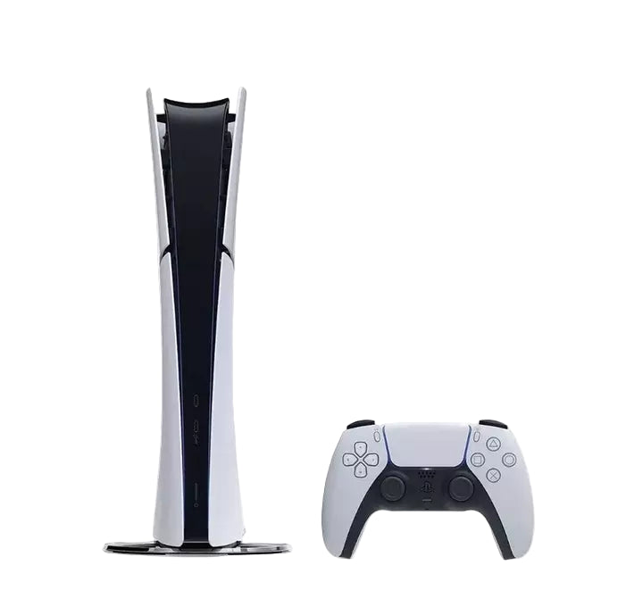 Gaming console and controller on a white background