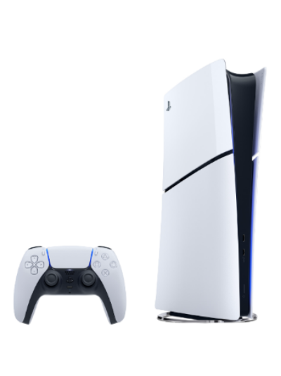 White gaming console and controller on a white background