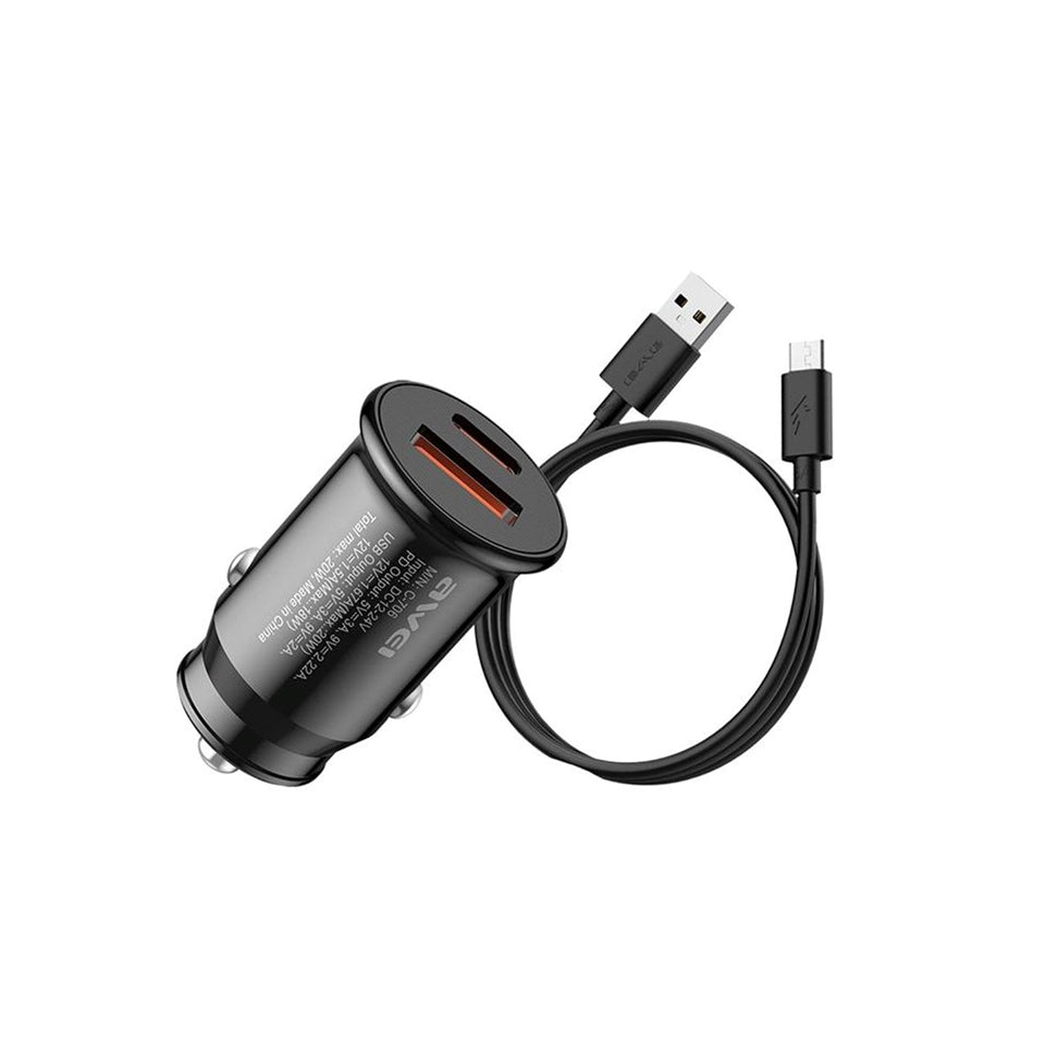 Awei 20W Car Charger +Usb Type C Data Cable Ultra Fast Charging Quick Charger 3.0 & Pd 20W