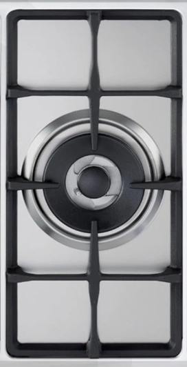 Stainless steel gas stove with black burner on a white background