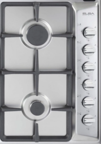 Stainless steel gas stove with control knobs on a white background
