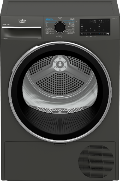 Black Beko dryer with open door showing interior drum.